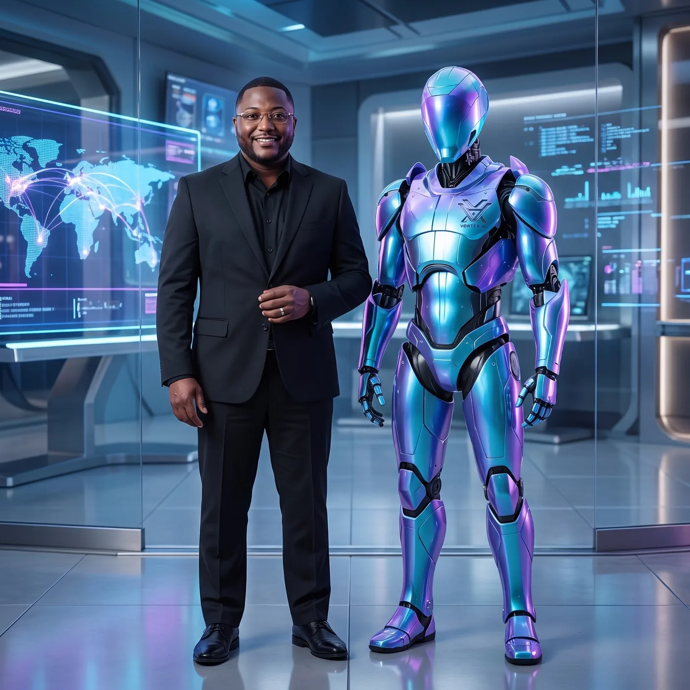 WarrenWerts standing with the Vortex AI robot inside a futuristic command center